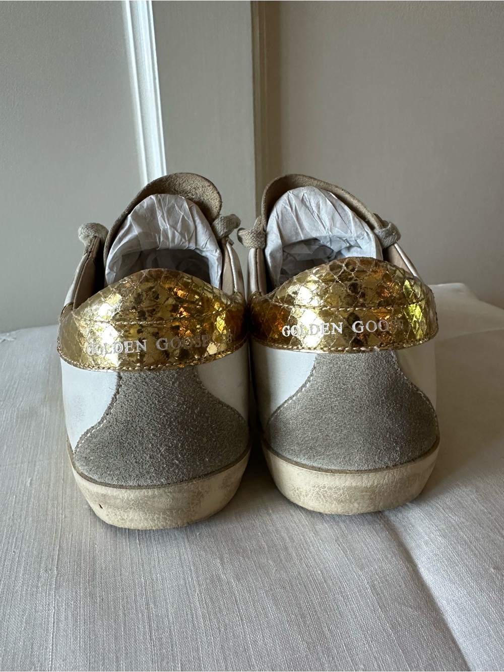 Golden Goose White Sneakers with Gold Heel Detail and Beige Gray Suede